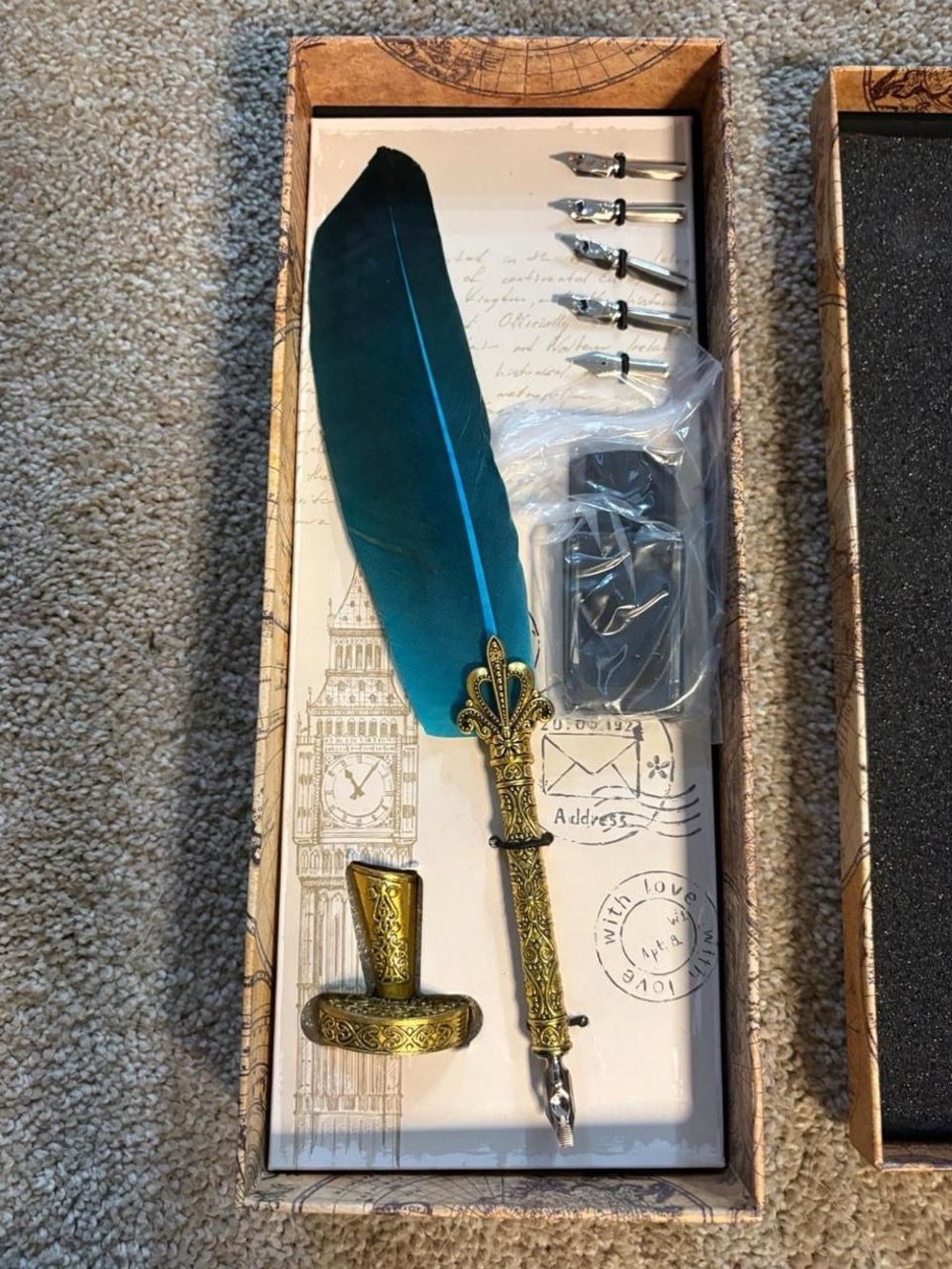 Teal Feather Quill Pen with Ornate Brass Holder - Elegant Writing Set